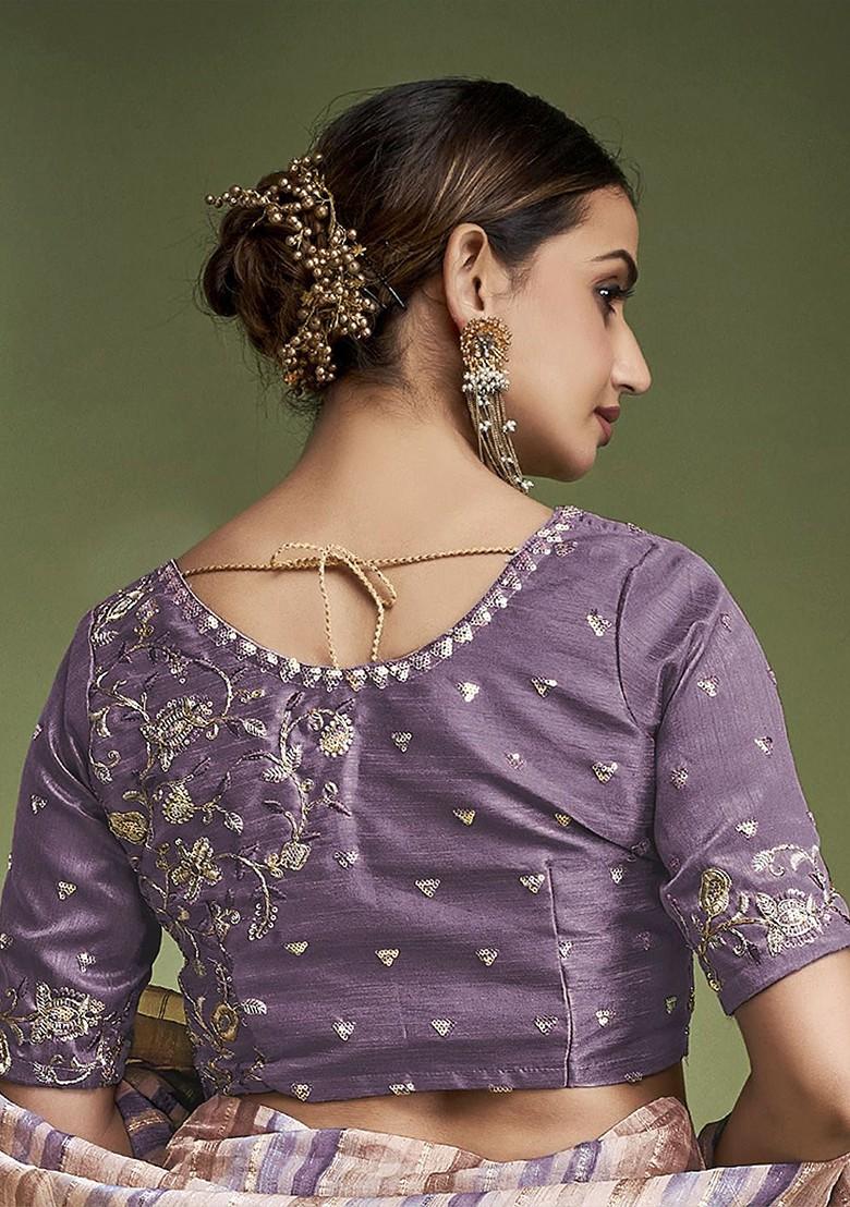 Lavender Embroidered Poly Blend Saree Set With Blouse