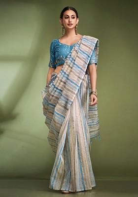 Blue Embroidered Poly Blend Saree Set With Blouse