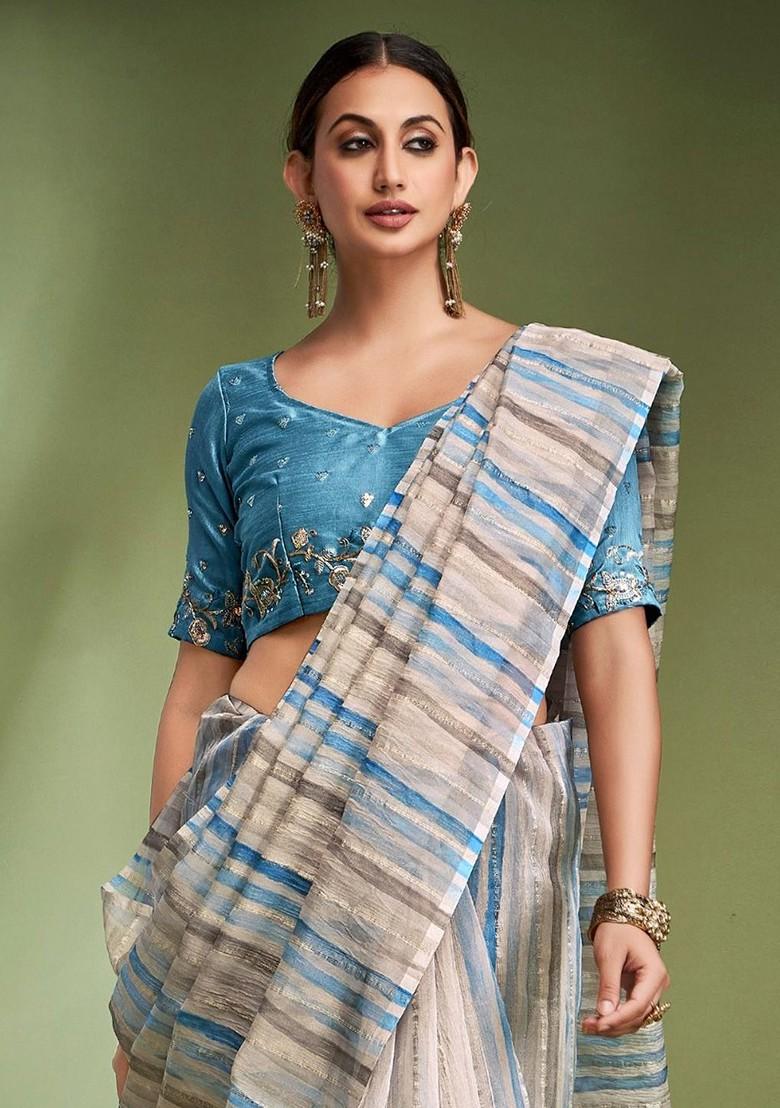 Blue Embroidered Poly Blend Saree Set With Blouse