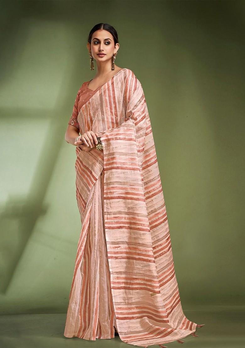 Orange Embroidered Poly Blend Saree Set With Blouse