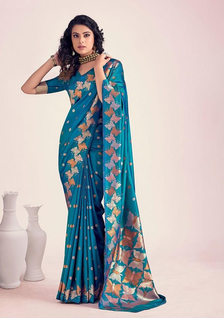 Blue Woven Design Poly Blend Saree Set With Blouse