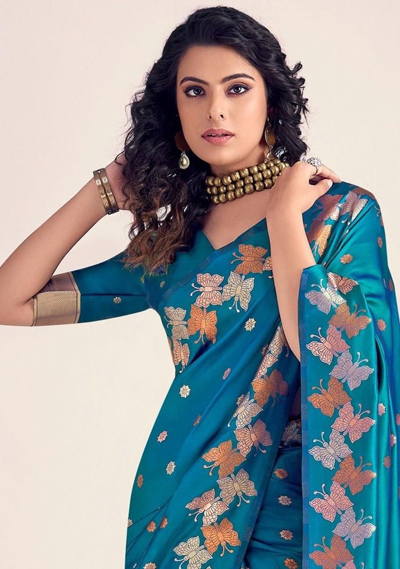 Blue Woven Design Poly Blend Saree Set With Blouse