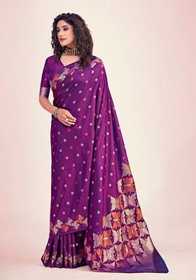 Purple Embroidered Poly Blend Saree Set With Blouse