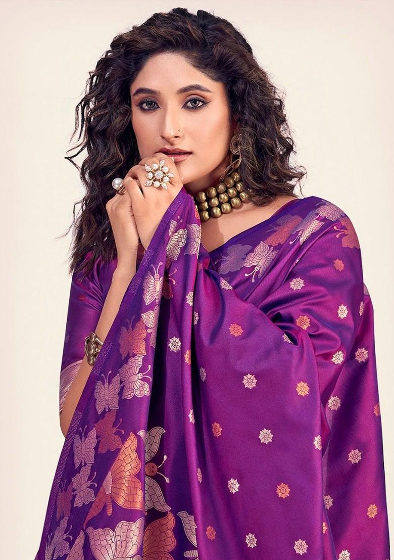 Purple Embroidered Poly Blend Saree Set With Blouse