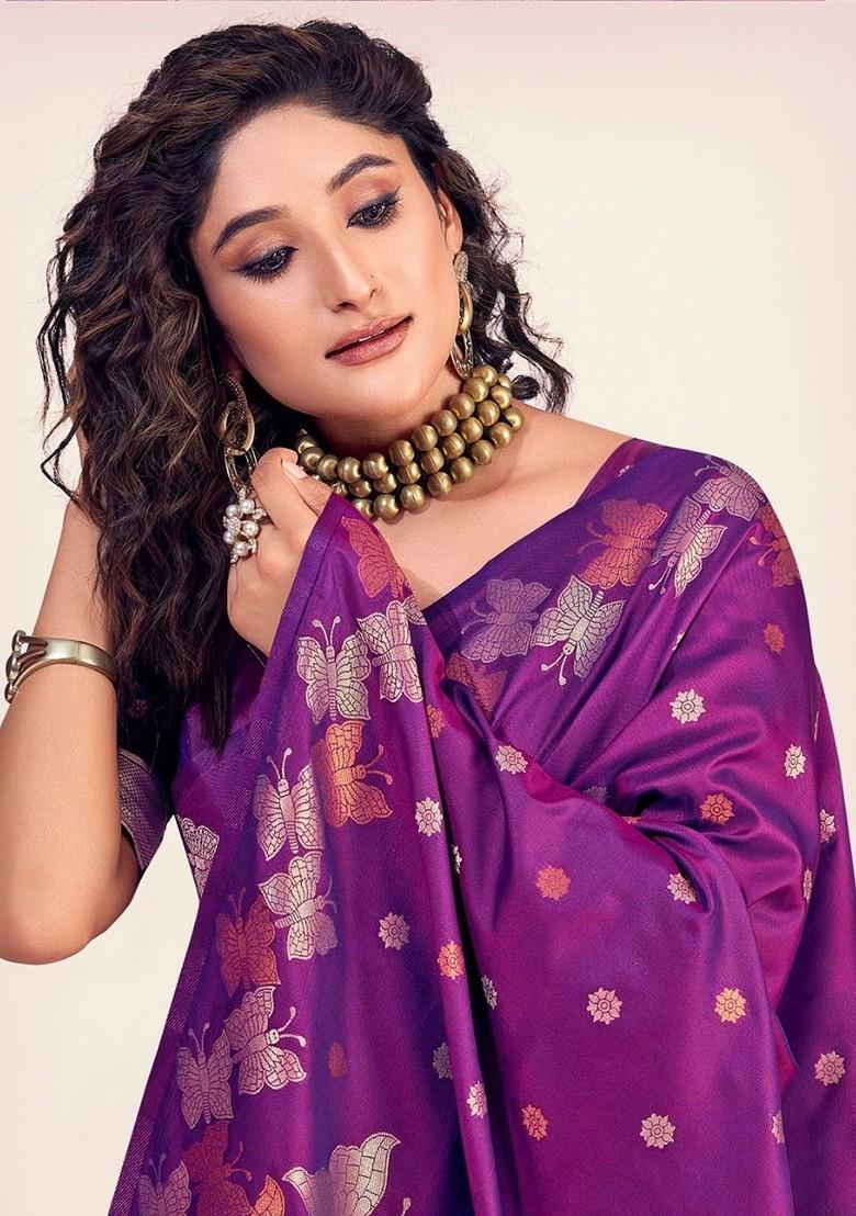 Purple Embroidered Poly Blend Saree Set With Blouse