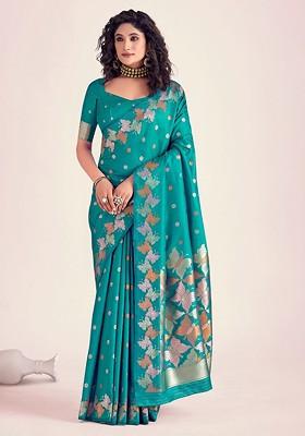 Blue Embroidered Poly Blend Saree Set With Blouse
