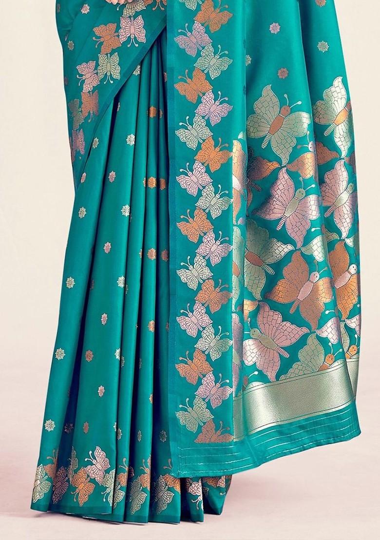 Blue Embroidered Poly Blend Saree Set With Blouse