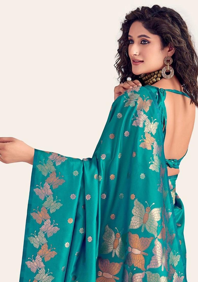 Blue Embroidered Poly Blend Saree Set With Blouse