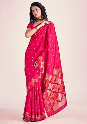 Red Embroidered Poly Blend Saree Set With Blouse