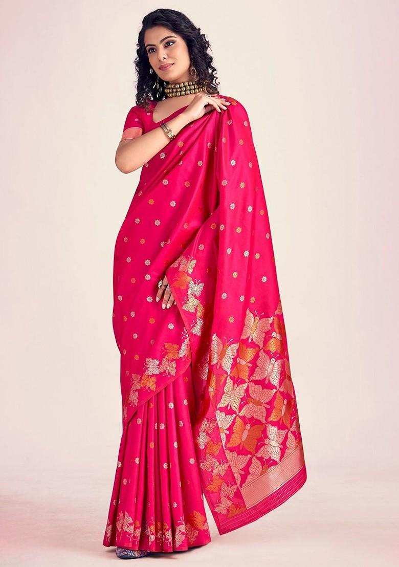 Red Embroidered Poly Blend Saree Set With Blouse