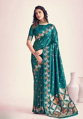 Teal Green Woven Design Poly Blend Saree Set With Blouse