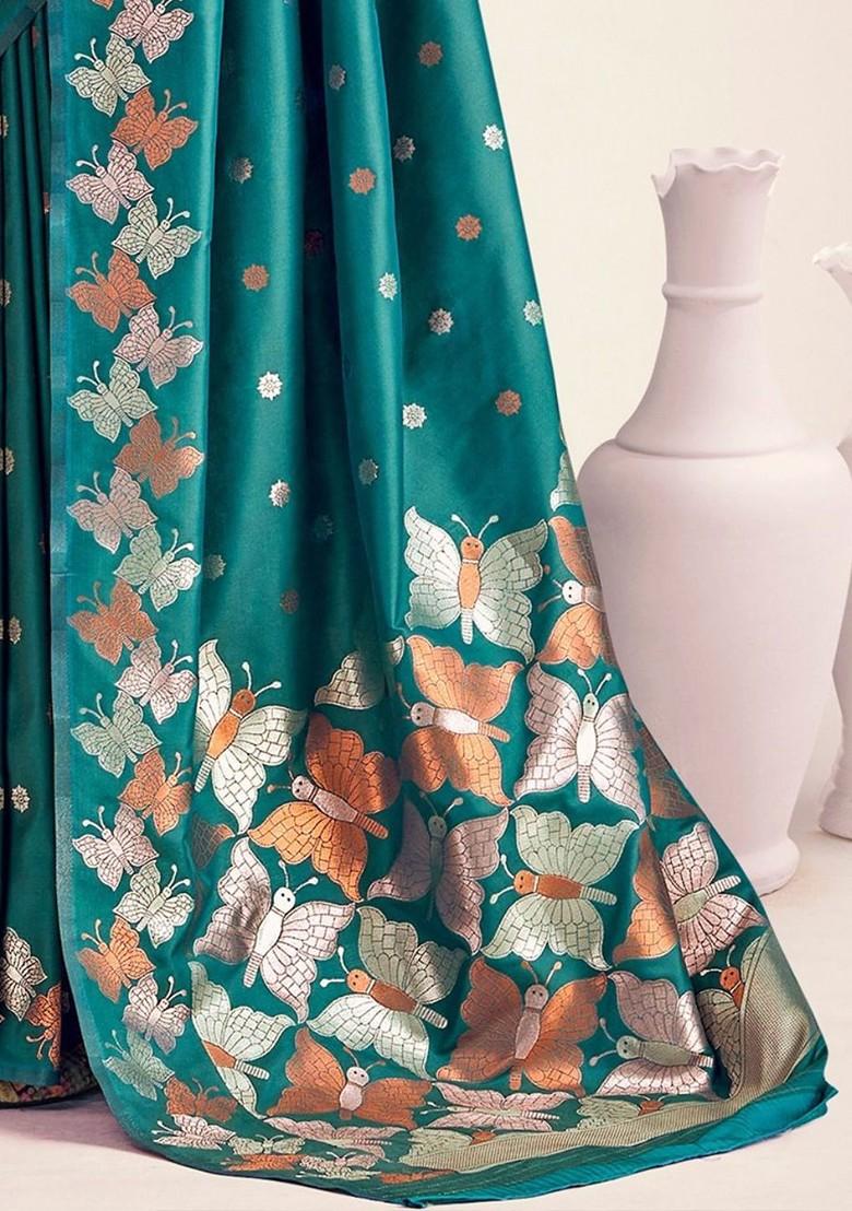 Teal Green Woven Design Poly Blend Saree Set With Blouse