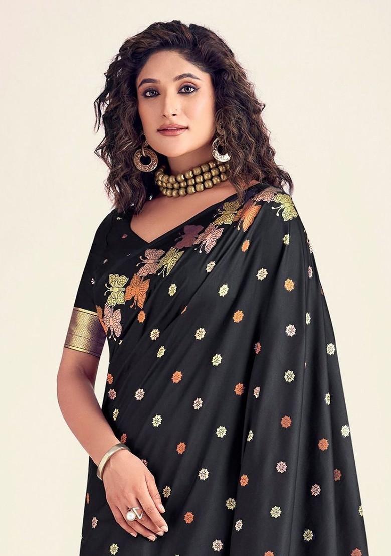 Black Embroidered Poly Blend Saree Set With Blouse