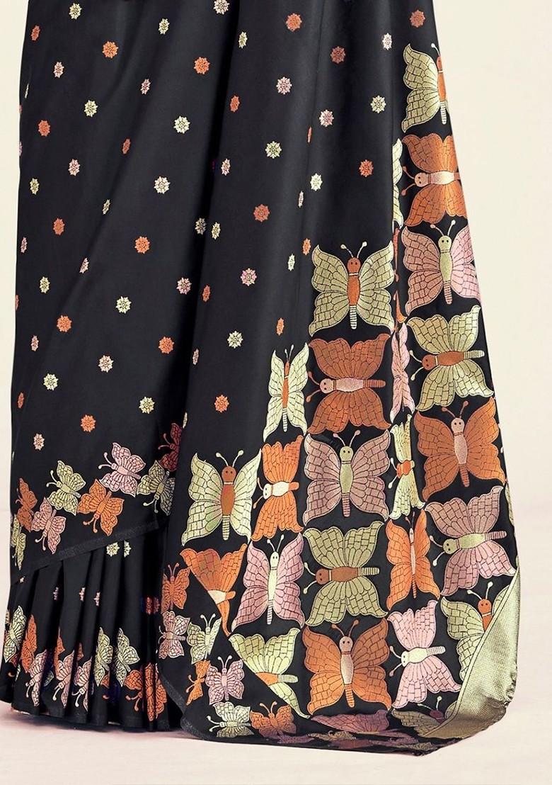 Black Embroidered Poly Blend Saree Set With Blouse