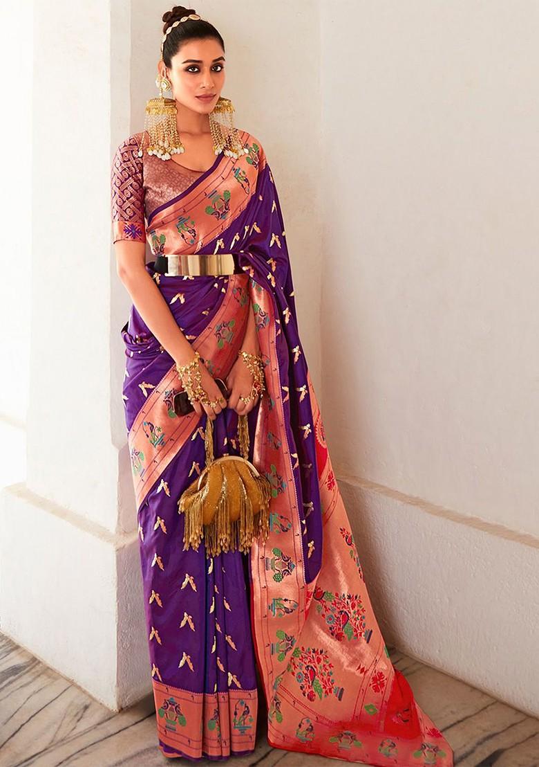 Purple Woven Design Poly Blend Saree Set With Blouse
