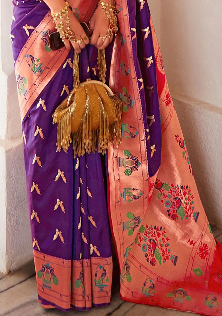 Purple Woven Design Poly Blend Saree Set With Blouse