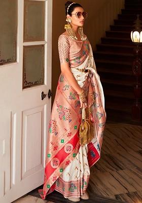 White Woven Design Poly Blend Saree Set With Blouse