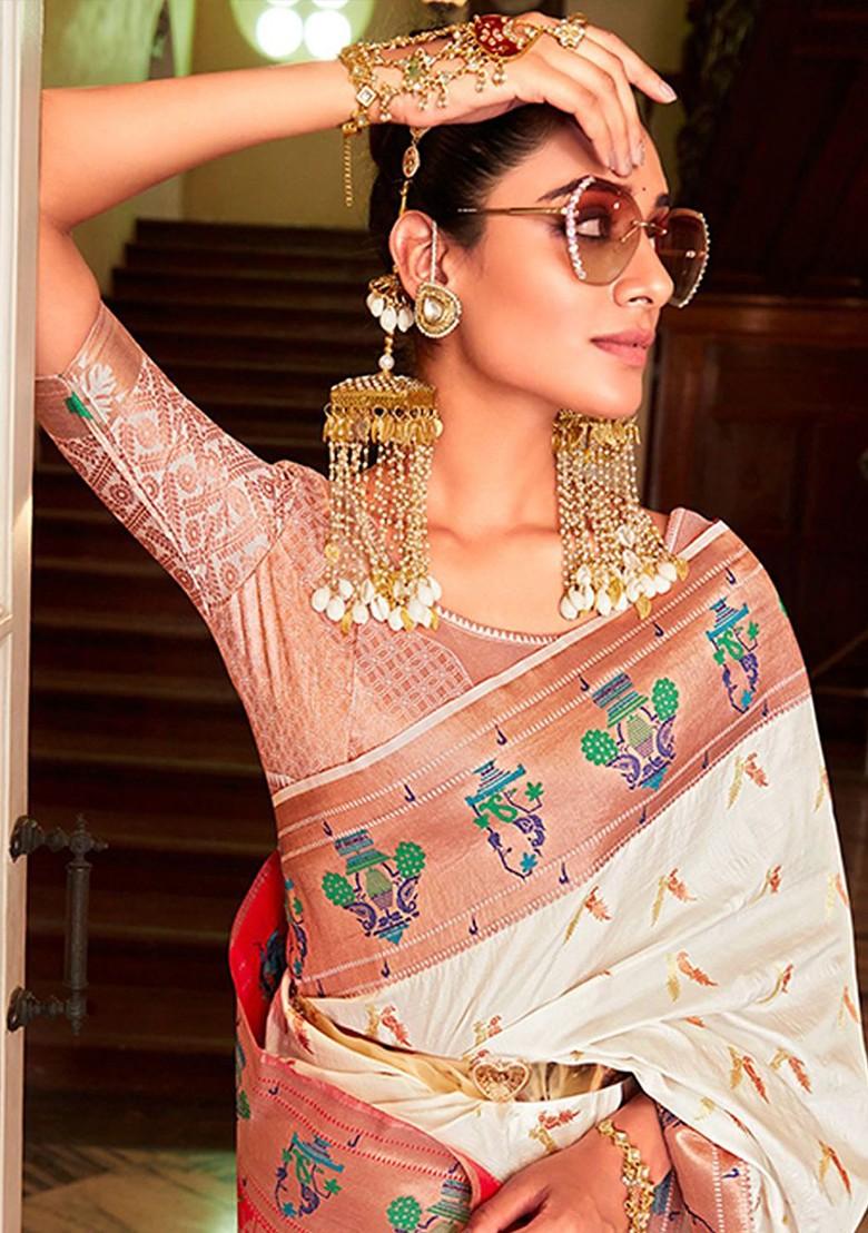 White Woven Design Poly Blend Saree Set With Blouse