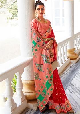 Red Woven Design Poly Blend Saree Set With Blouse
