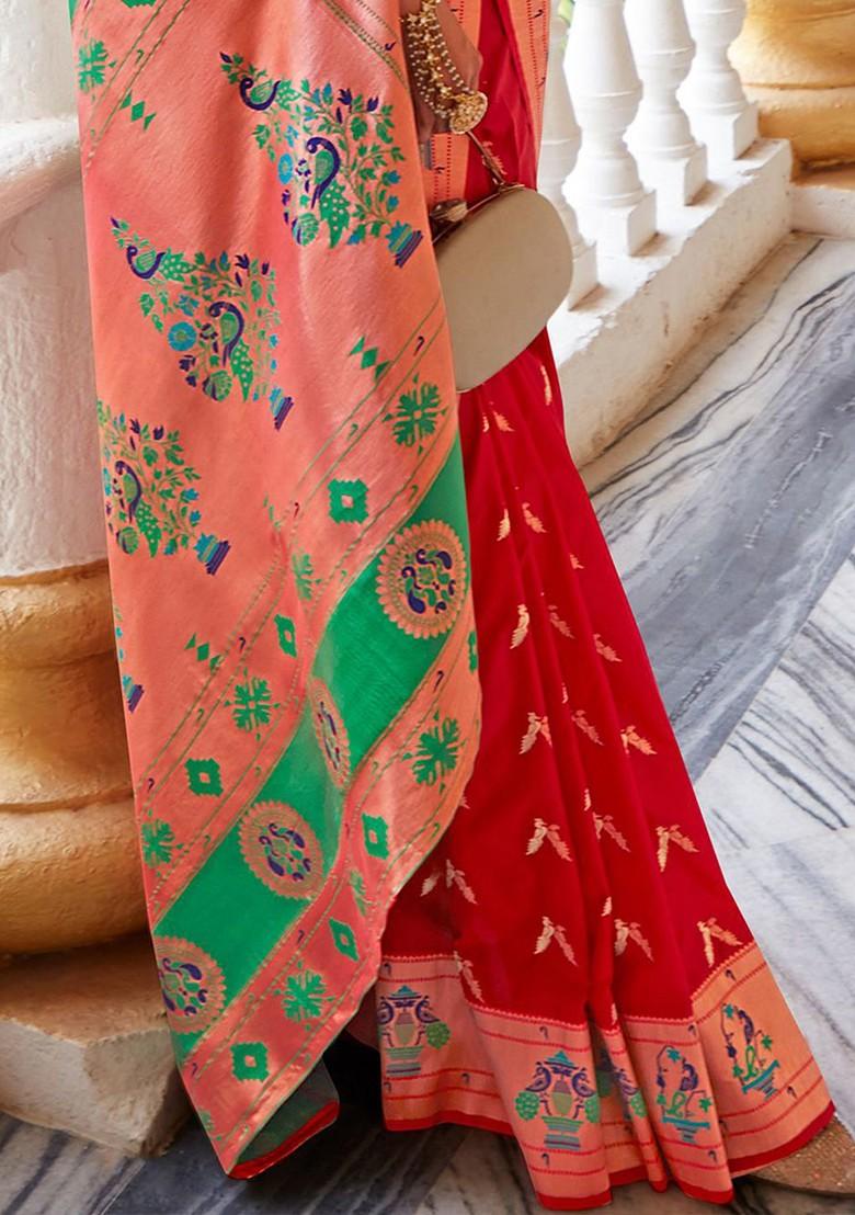 Red Woven Design Poly Blend Saree Set With Blouse