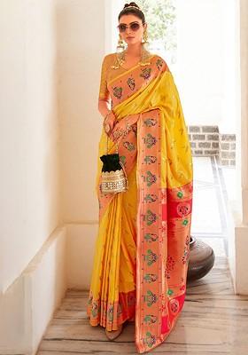 Yellow Embroidered Poly Blend Saree Set With Blouse