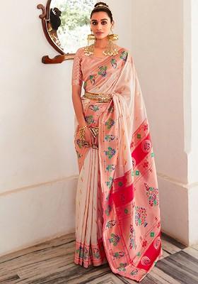Peach Woven Design Poly Blend Saree Set With Blouse