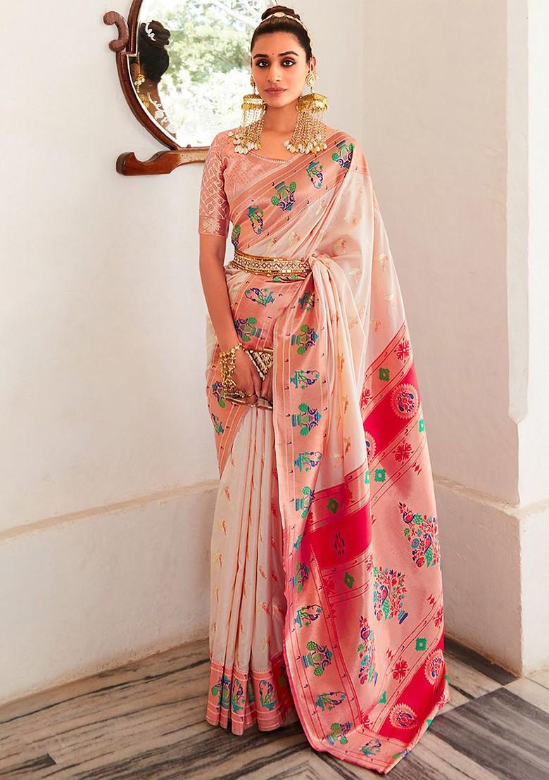 Peach Woven Design Poly Blend Saree Set With Blouse