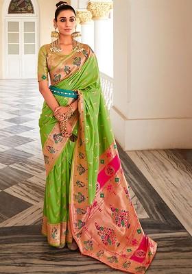 Green Woven Design Poly Blend Saree Set With Blouse