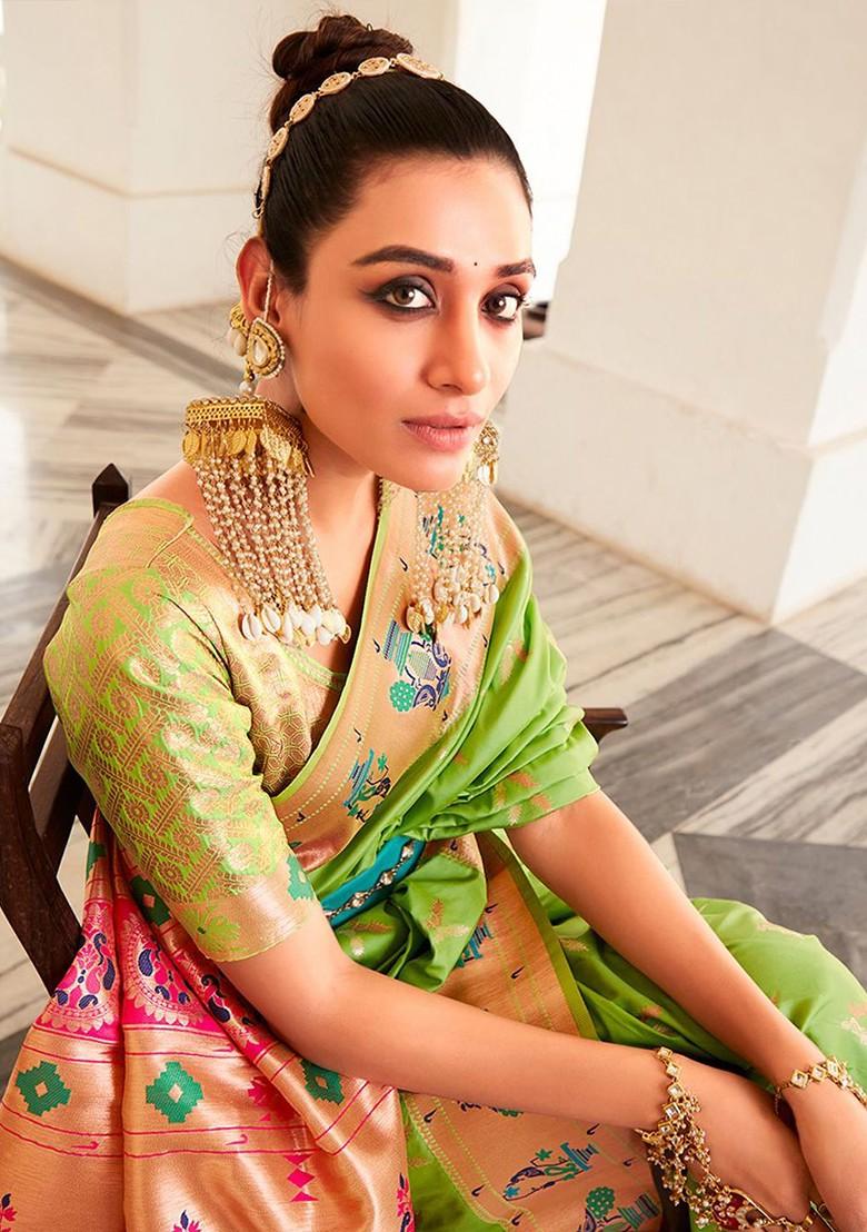 Green Woven Design Poly Blend Saree Set With Blouse