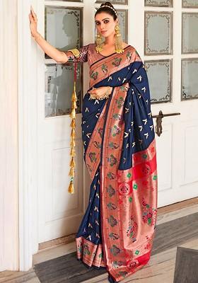 Blue Woven Design Poly Blend Saree Set With Blouse
