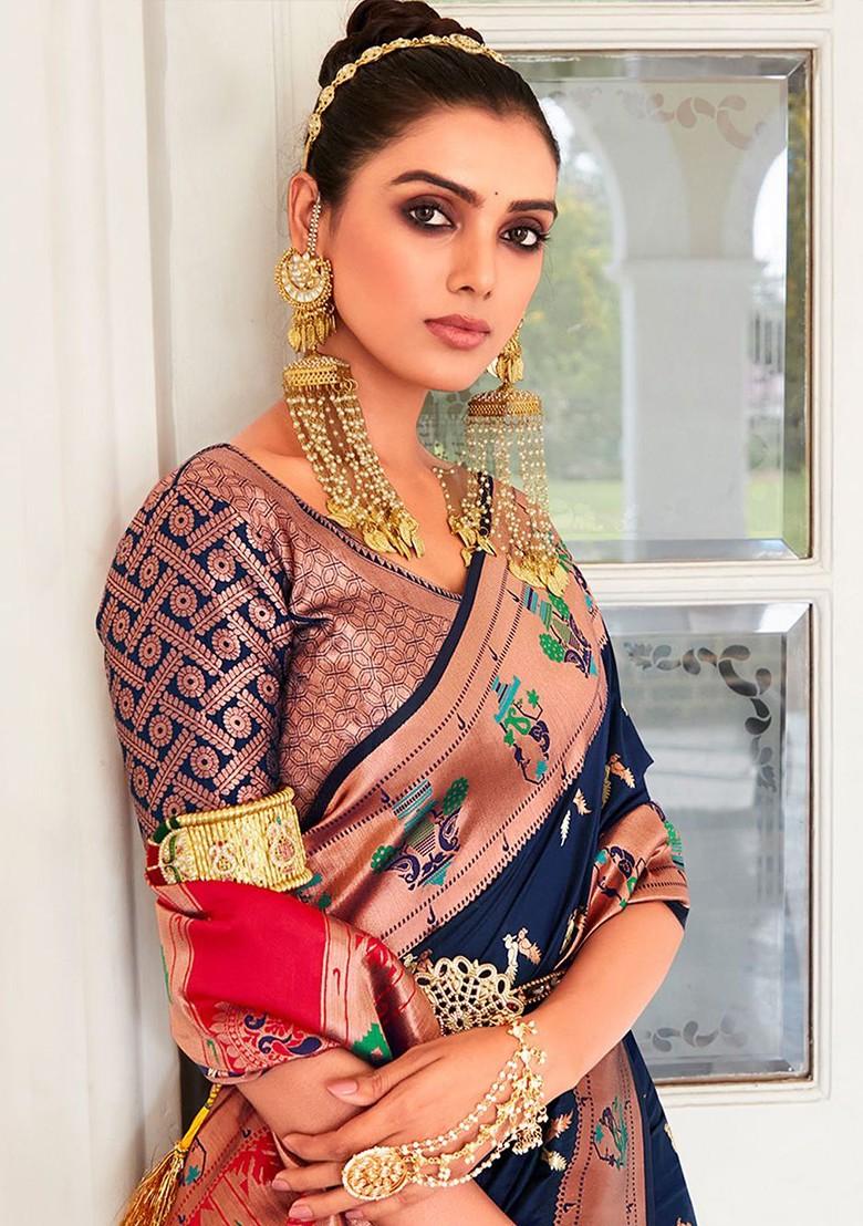 Blue Woven Design Poly Blend Saree Set With Blouse