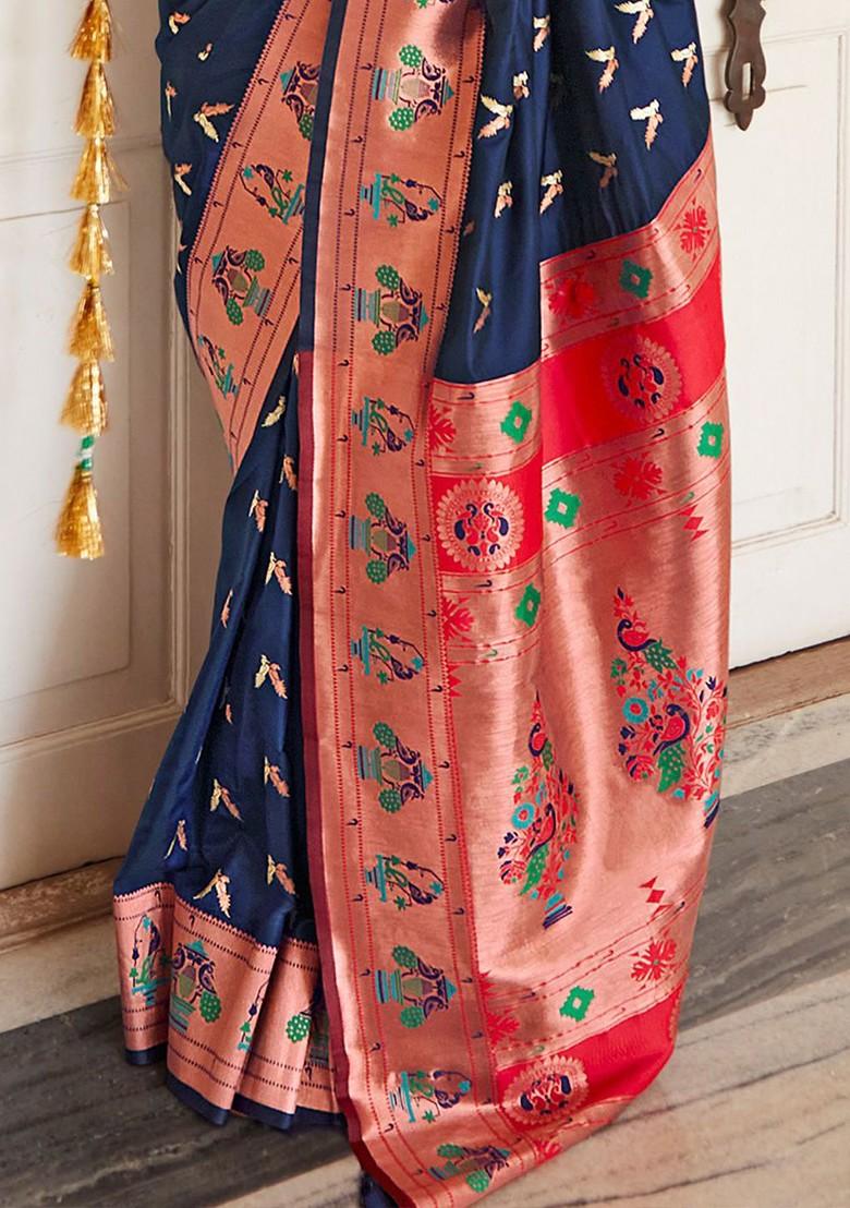 Blue Woven Design Poly Blend Saree Set With Blouse