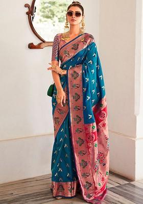 Blue Embroidered Poly Blend Saree Set With Blouse