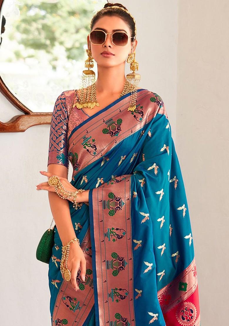 Blue Embroidered Poly Blend Saree Set With Blouse