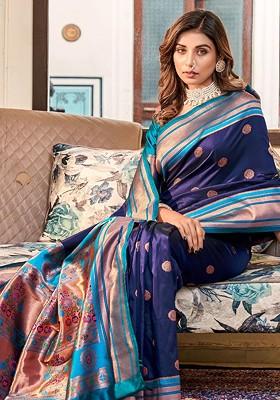 Blue Woven Design Poly Blend Saree Set With Blouse