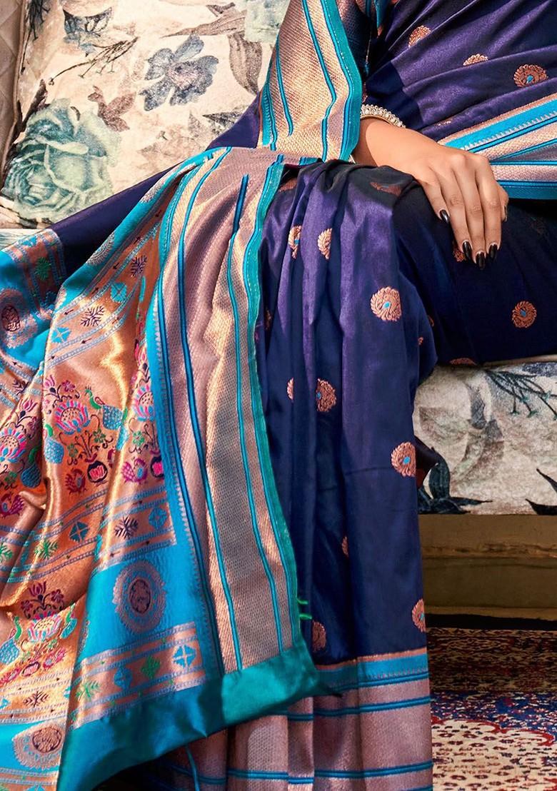 Blue Woven Design Poly Blend Saree Set With Blouse