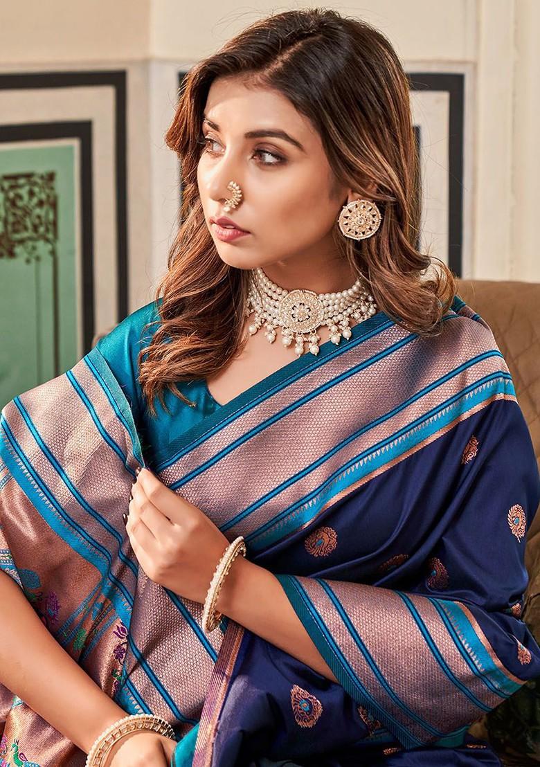 Blue Woven Design Poly Blend Saree Set With Blouse