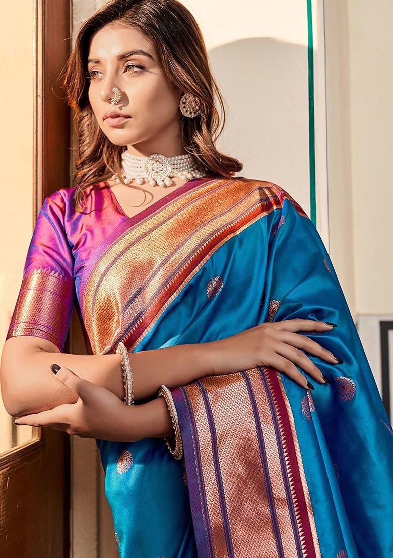 Blue Embroidered Poly Blend Saree Set With Blouse