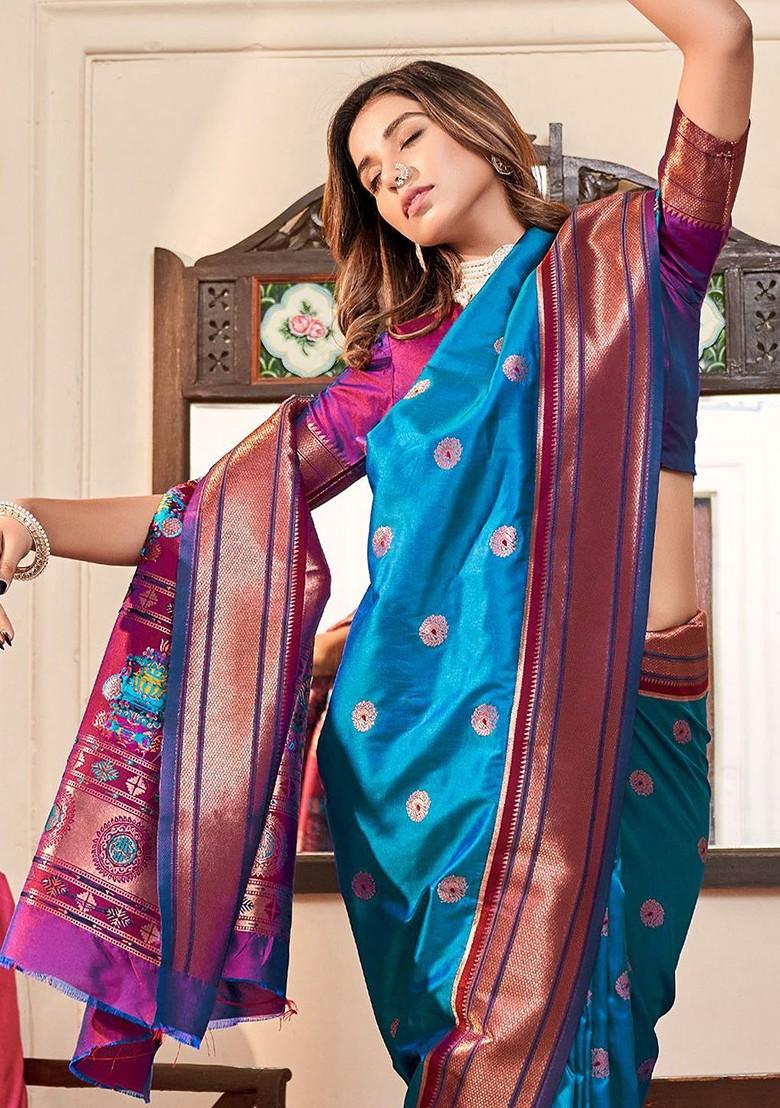 Blue Embroidered Poly Blend Saree Set With Blouse