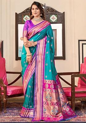Blue Embroidered Poly Blend Saree Set With Blouse