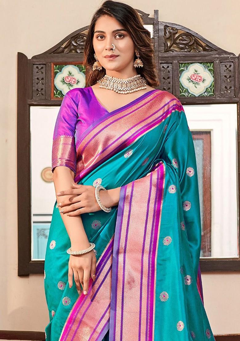 Blue Embroidered Poly Blend Saree Set With Blouse