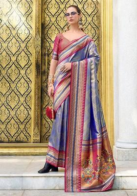Blue Embroidered Poly Blend Saree Set With Blouse