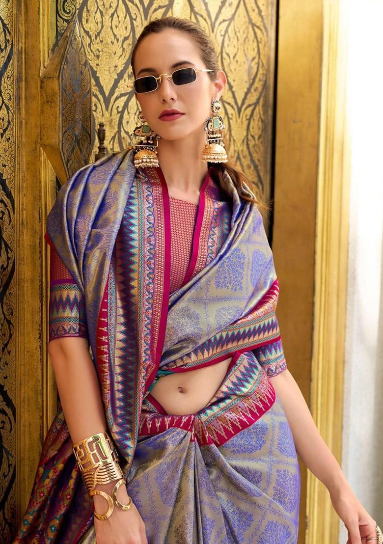 Blue Embroidered Poly Blend Saree Set With Blouse