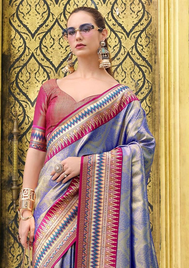 Blue Embroidered Poly Blend Saree Set With Blouse