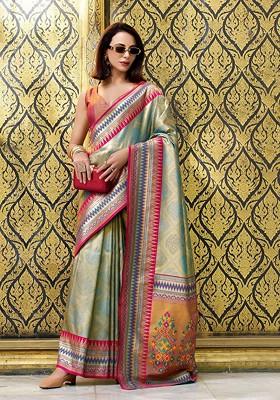 Grey Embroidered Poly Blend Saree Set With Blouse