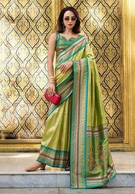 Green Woven Design Poly Blend Saree Set With Blouse