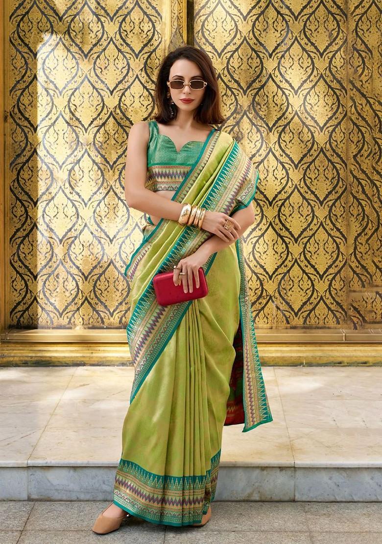 Green Woven Design Poly Blend Saree Set With Blouse