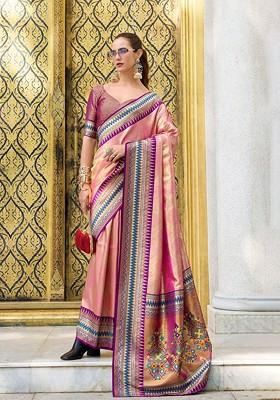 Pink Embroidered Poly Blend Saree Set With Blouse