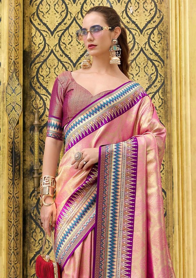 Pink Embroidered Poly Blend Saree Set With Blouse
