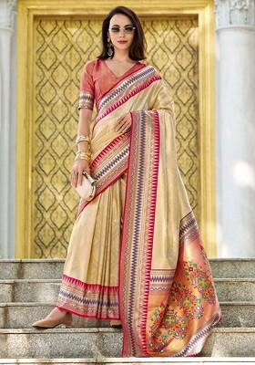 Beige Woven Design Poly Blend Saree Set With Blouse